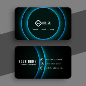 black business card with glowing blue curve lines